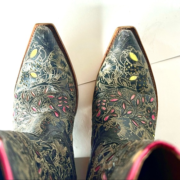 Johnny Ringo Cowboy Boots Genuine Leather Floral Overlay Black Pink Lime Yellow - Picture 9 of 12